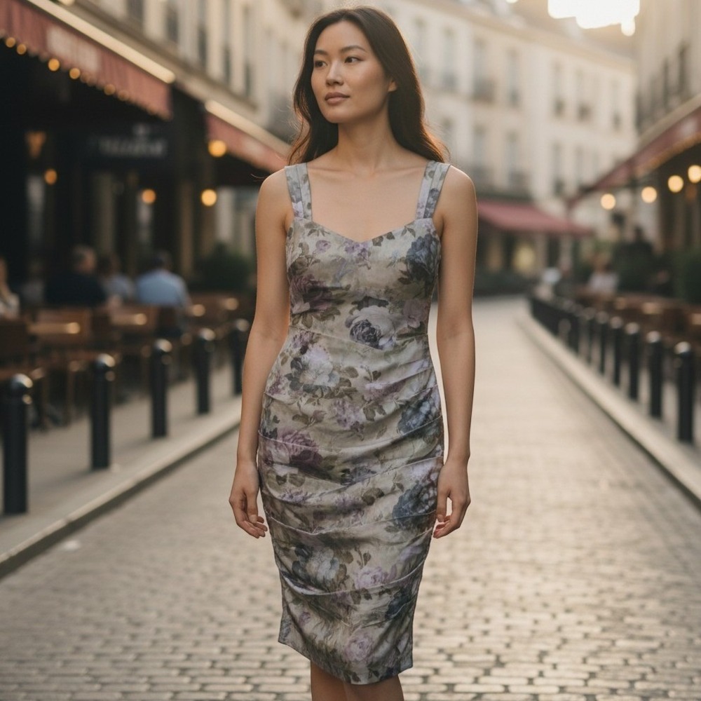 Peruvian Connection Metallic Floral Ruched Sheath Dress Purple Green Silver 4